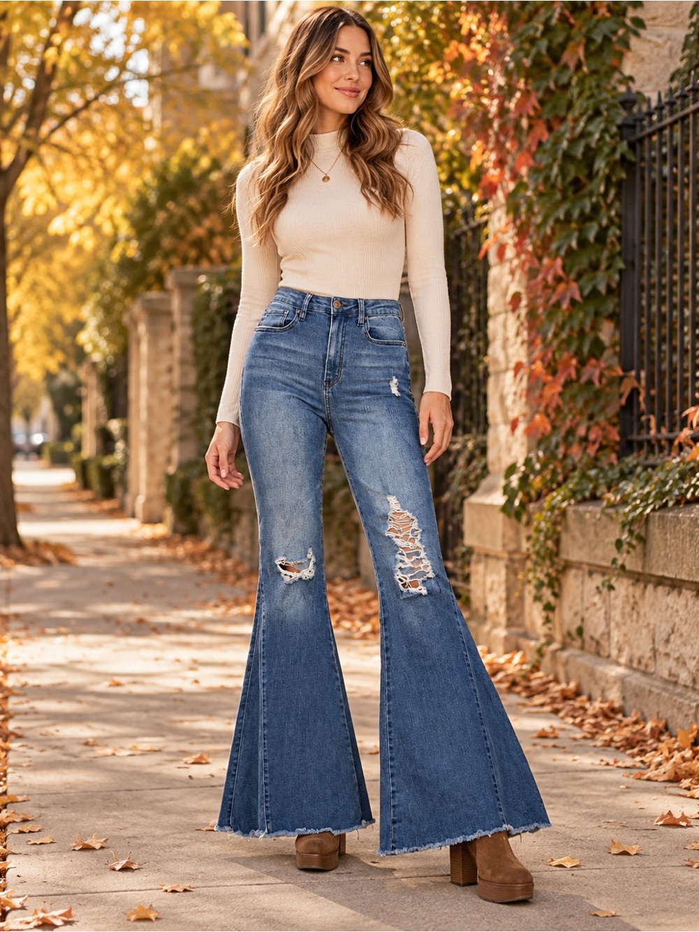 YMI Gigi Fit Distressed Flare Jeans Raw Hem Y2K Boho Denim